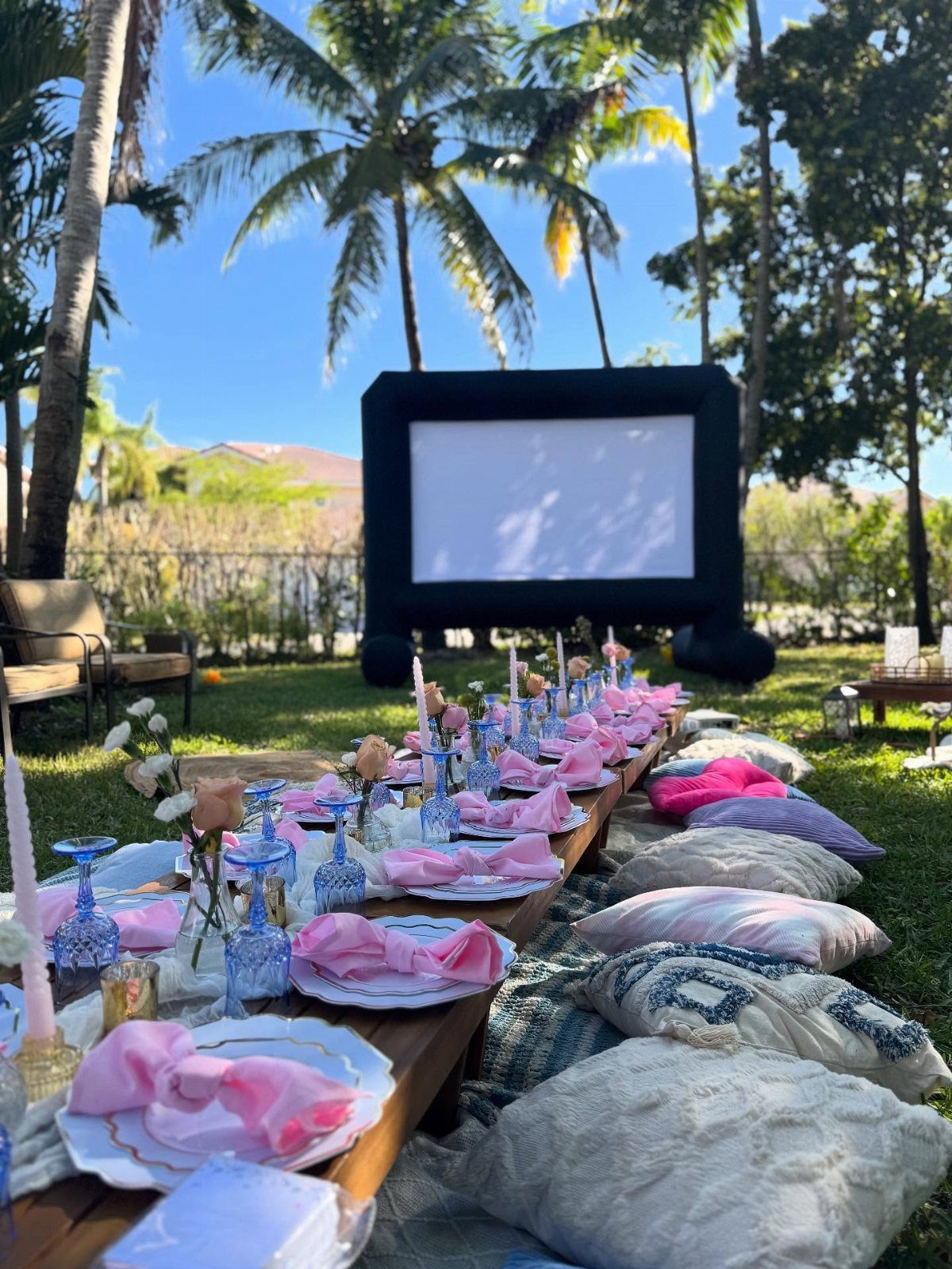 Outdoor movie screen and low dining table with pink napkins and cushions on grass