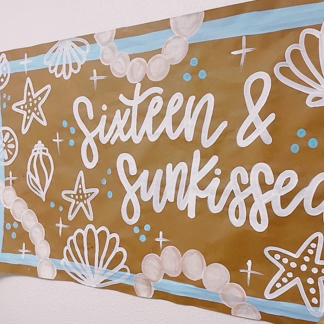 Brown banner with white text 'Sixteen & Sunkissed' and beach-themed seashell illustrations.