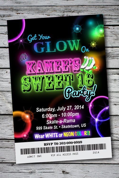 Neon glow party invitation for a sweet 16 birthday on wooden background