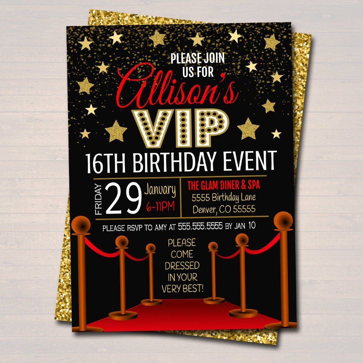 Hollywood themed 16th birthday invitation with red carpet, gold stars, and VIP text.