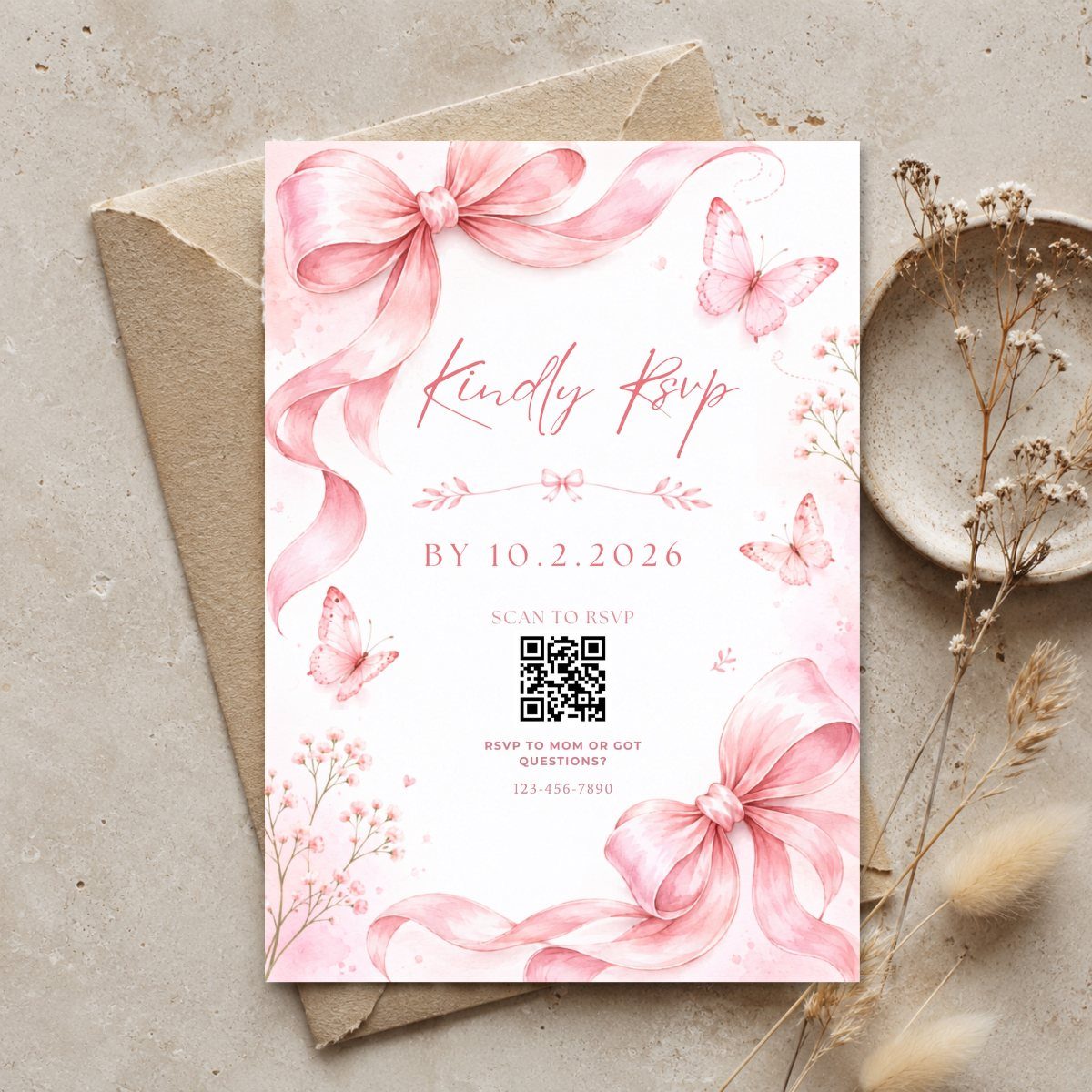 Invitation card with pink ribbons and butterflies featuring RSVP instructions and a QR code.