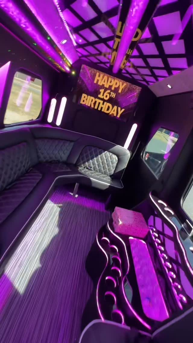 Party bus interior with purple neon lights and Happy 16th Birthday screen.