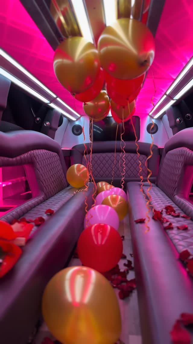 Party bus interior with pink neon lights, gold balloons, and red rose petals.