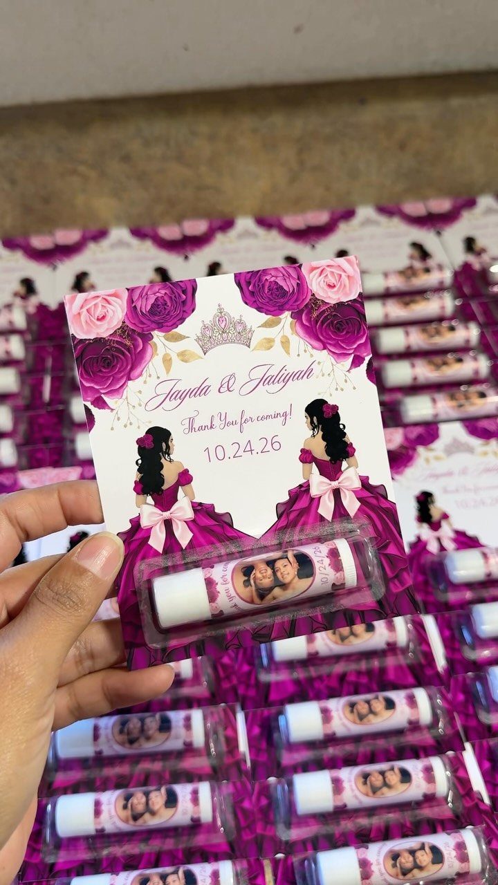 Personalized lip balm tube attached to a floral card with ballgown illustrations.