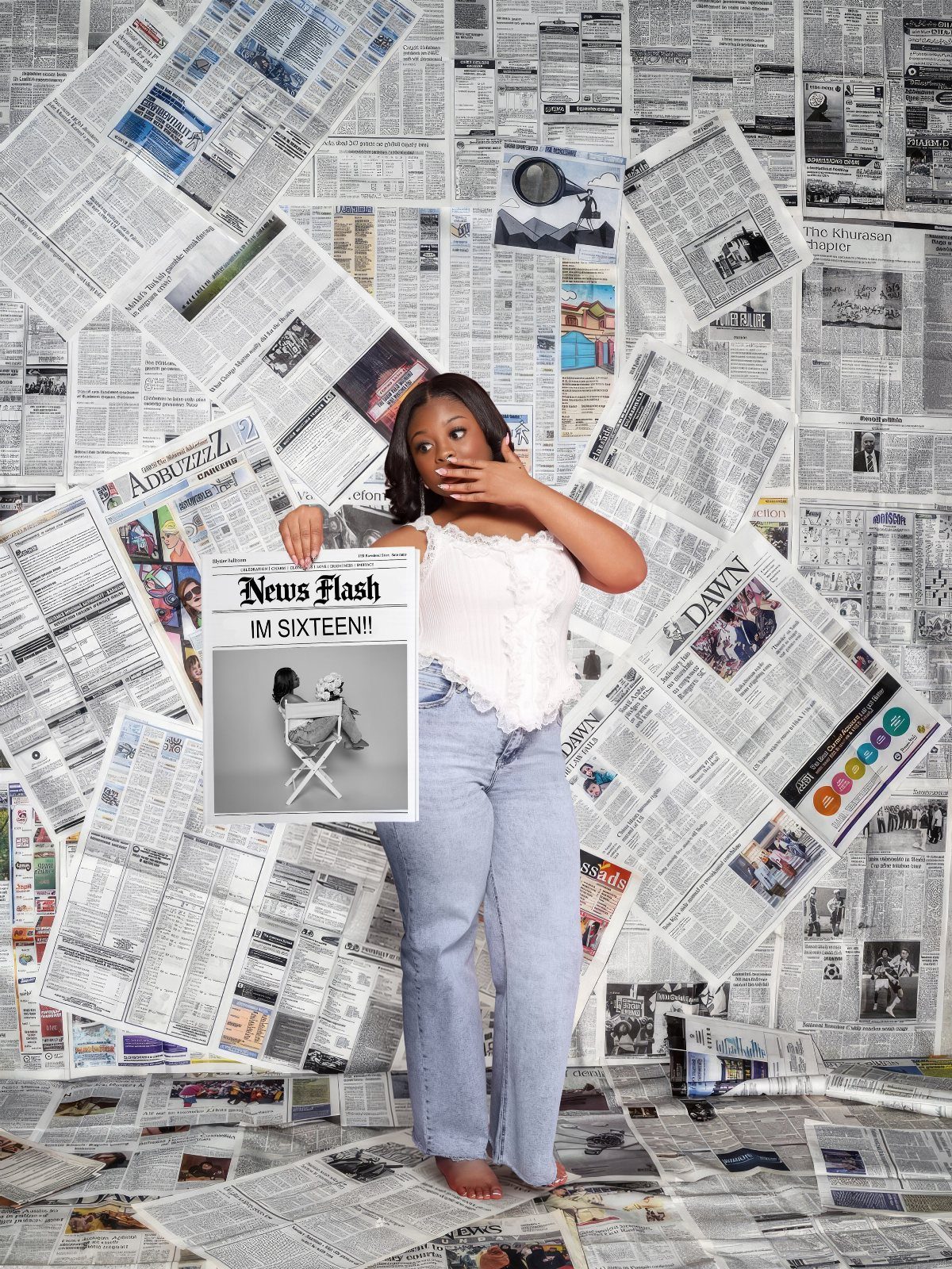 Young woman holding a sign with a childhood photo against newspaper background