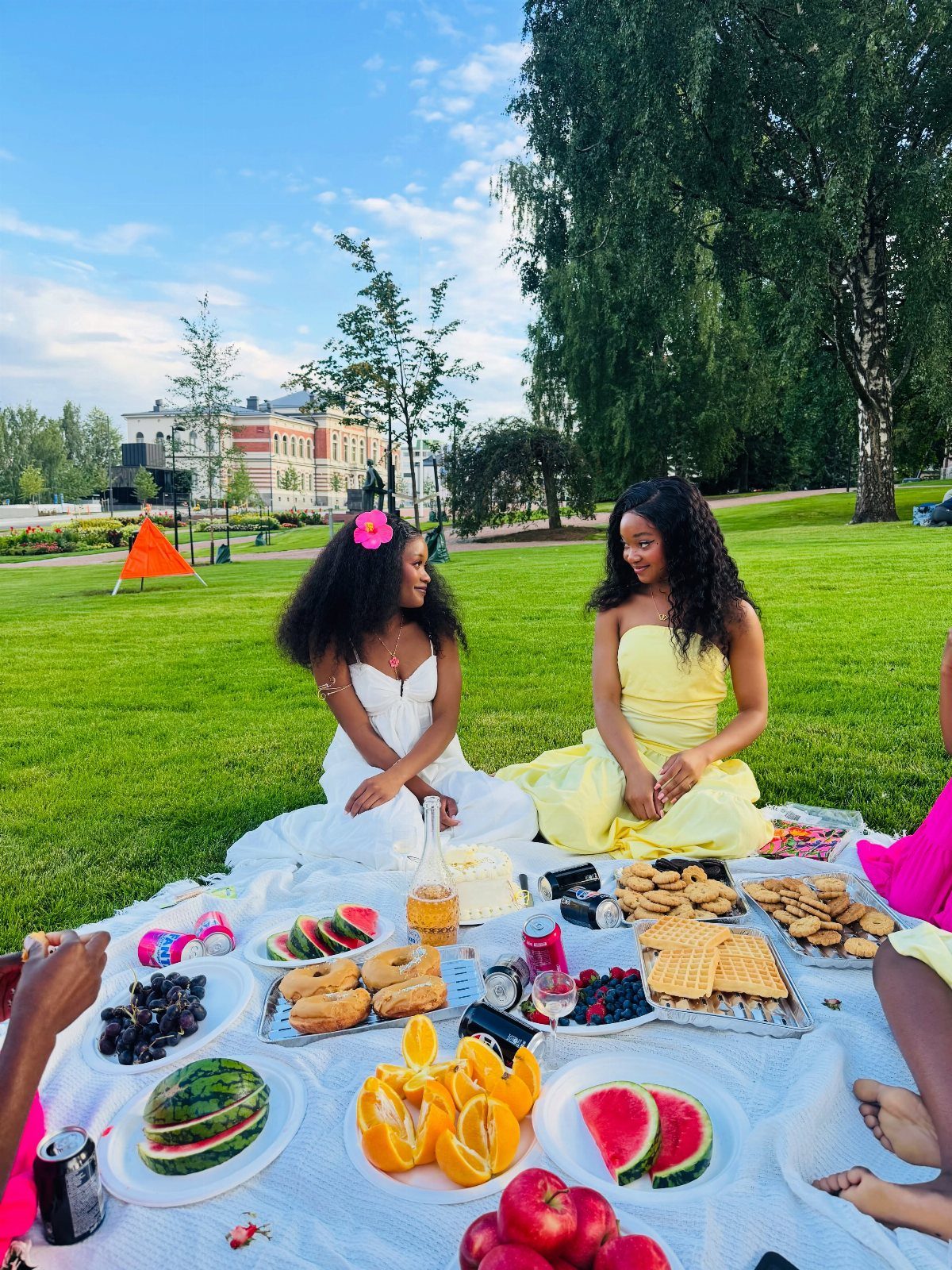 Two young women in dresses enjoying a picnic with fruit and sweets in a park