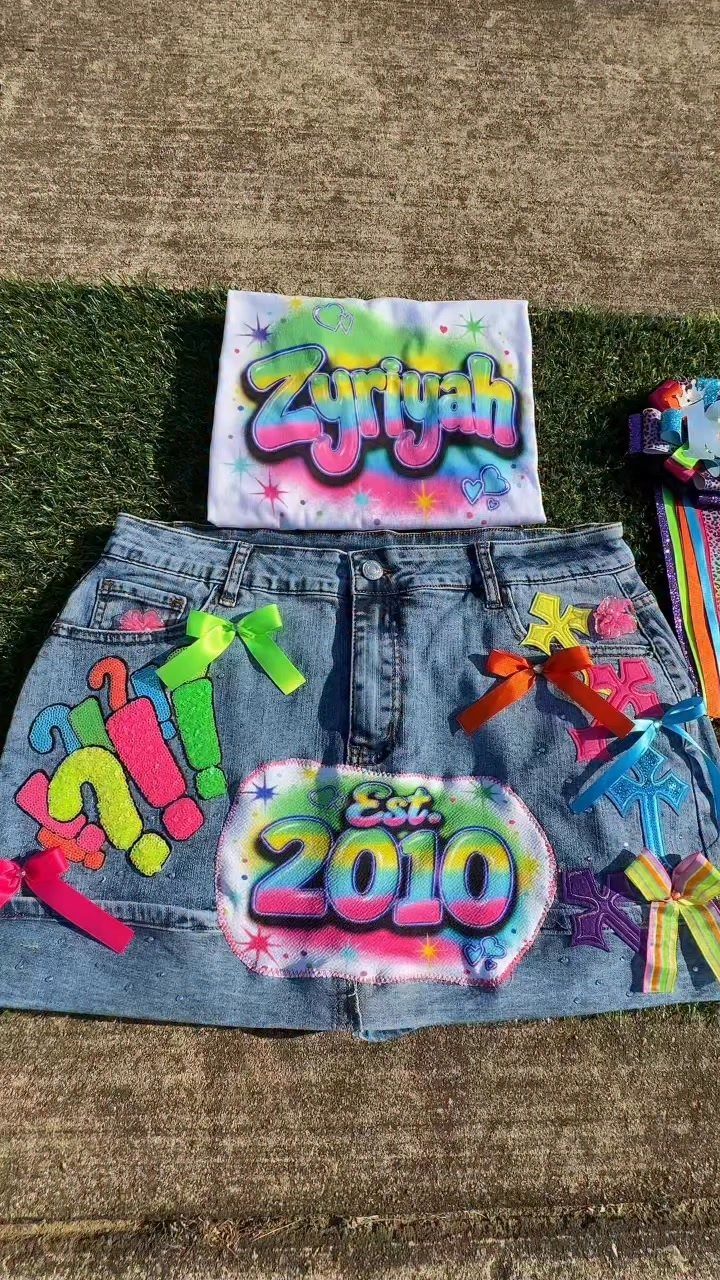 Customized white t-shirt and denim skirt with colorful 2010 birthday decorations