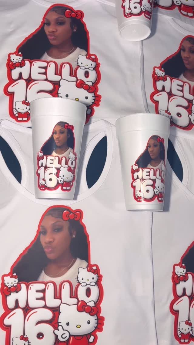 Custom 16th birthday t-shirts and cups with a photo and Hello Kitty graphics.