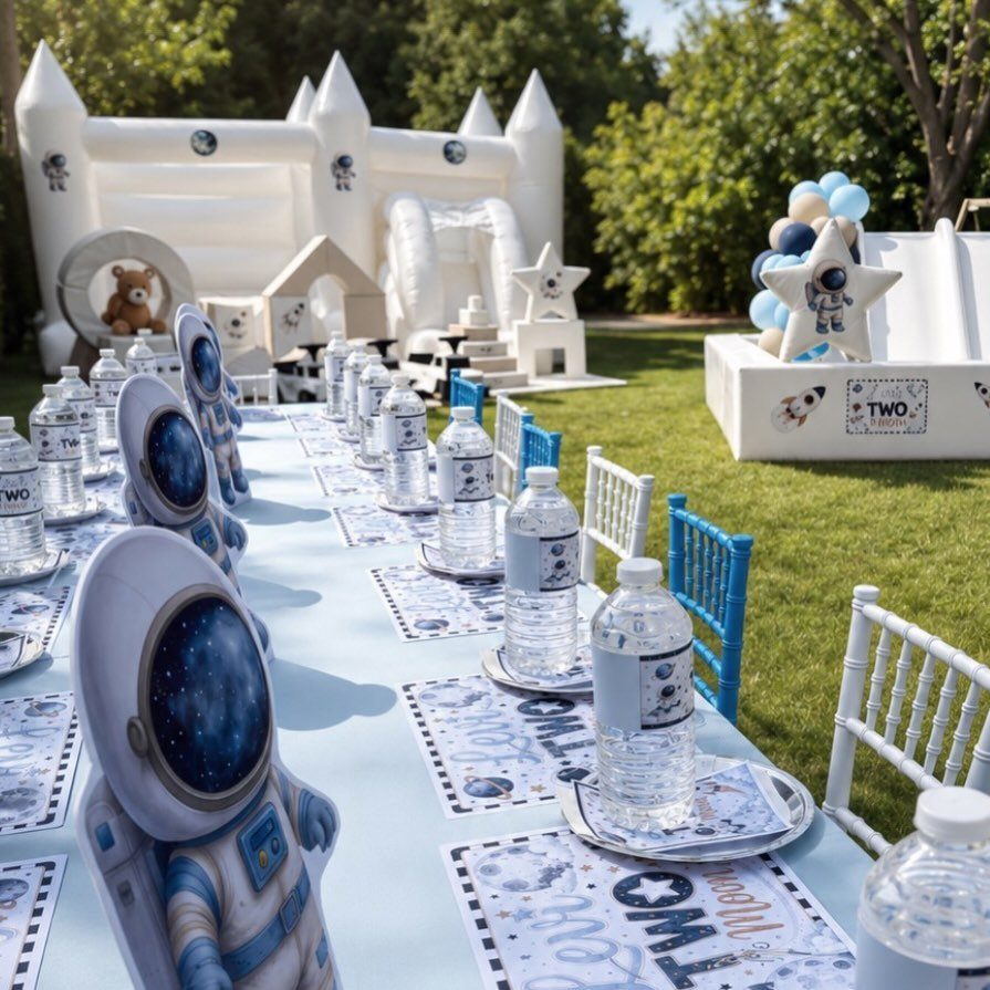 Space themed party table with astronaut cutouts and a white inflatable castle background