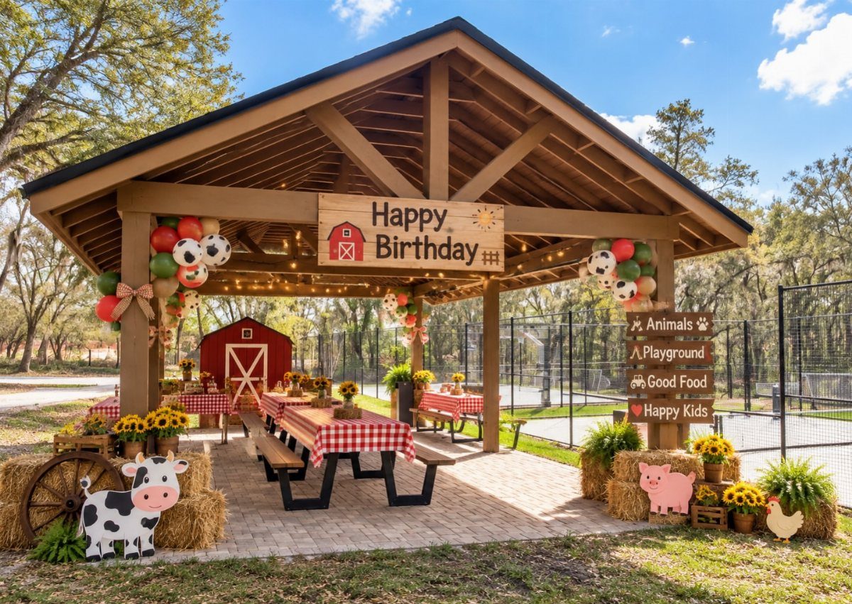 Farm themed birthday party setup with red gingham tablecloths and hay bales.
