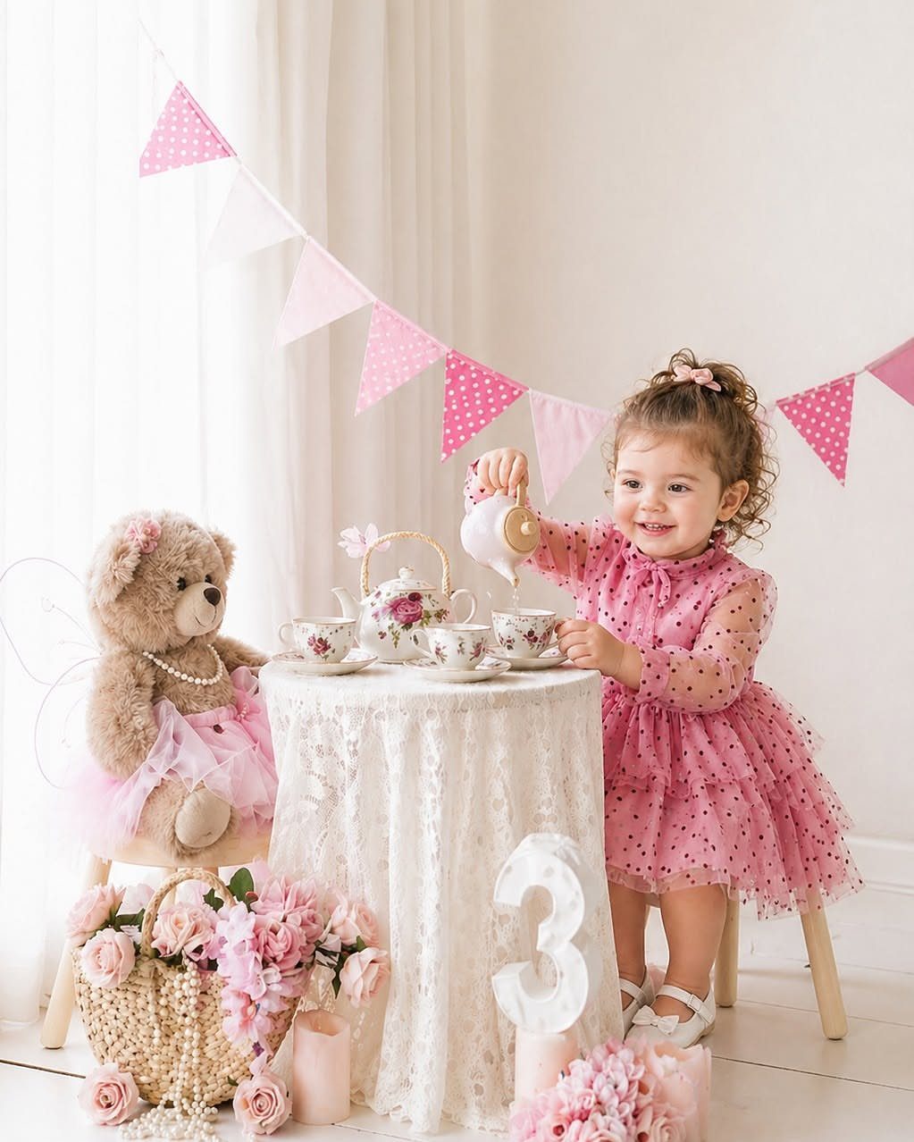 Young girl in pink dress having a tea party with a teddy bear