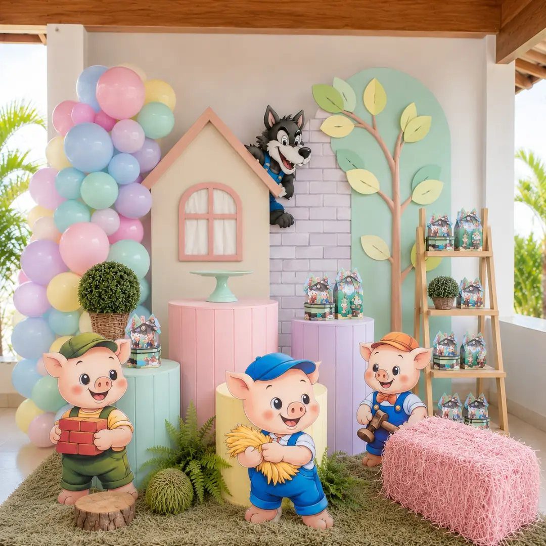 Three Little Pigs birthday party setup with cartoon figures, house prop, and balloons.