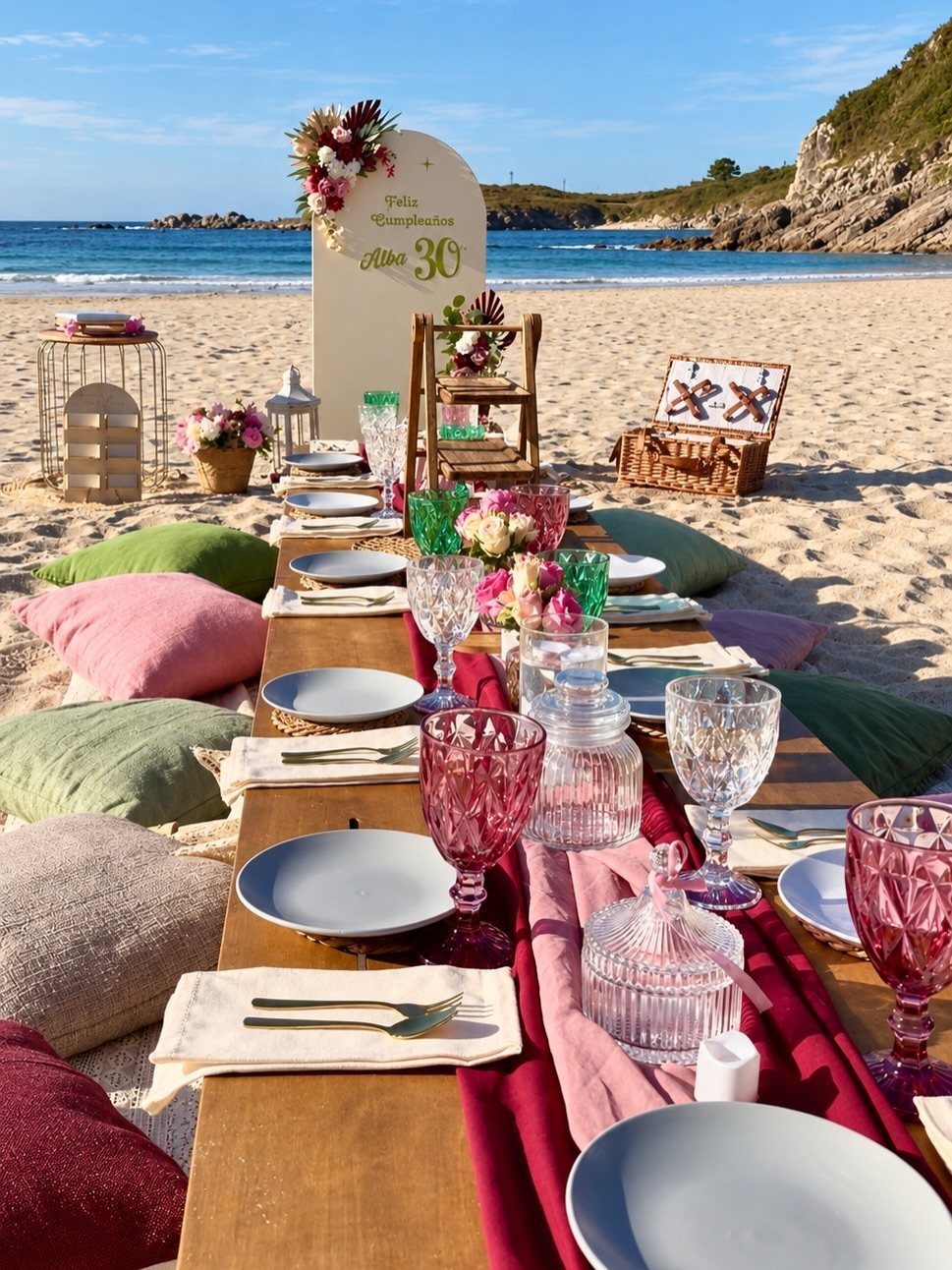 Wooden dinner table set on a beach with cushions and a 30th birthday sign.