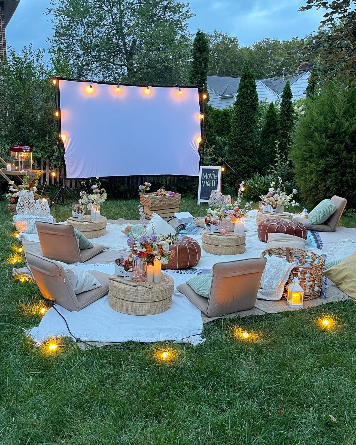 Outdoor movie setup with a large white projector screen, lounge chairs, and lanterns.