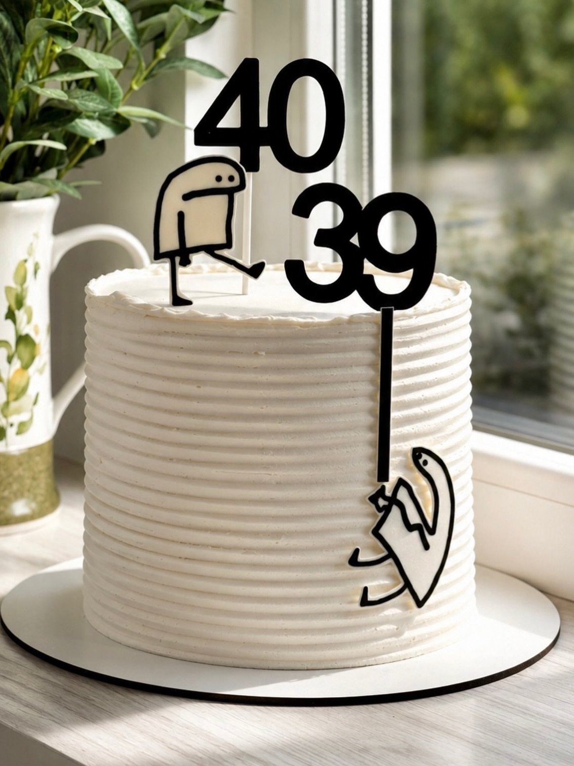 White ridged cake with humorous black toppers showing a transition from 39 to 40.