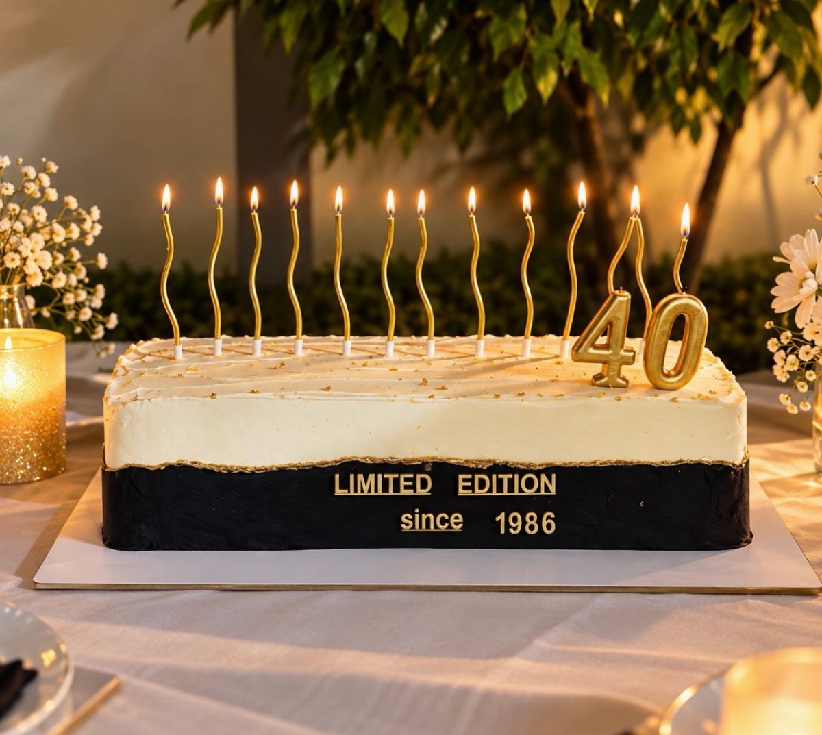 Rectangular black and white cake with gold candles and limited edition text.