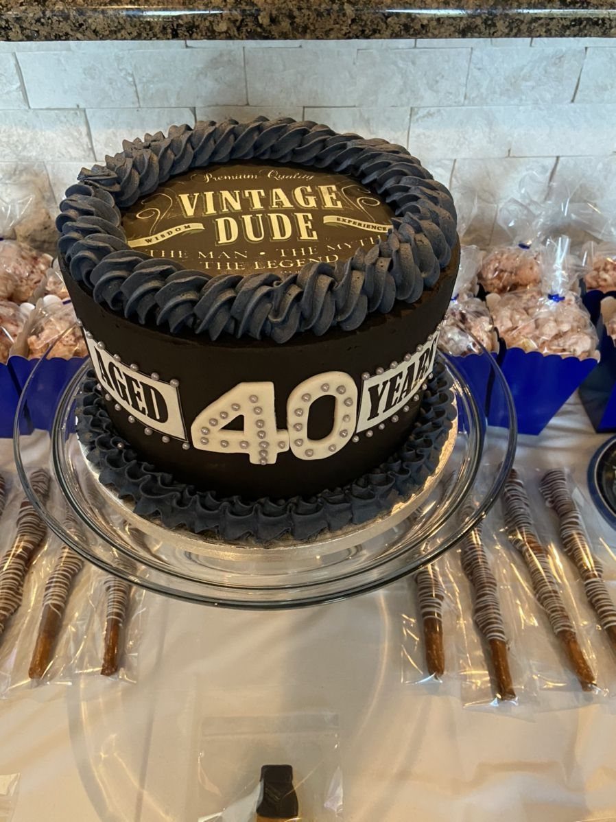 Chocolate 40th birthday cake with grey frosting and Vintage Dude topper.