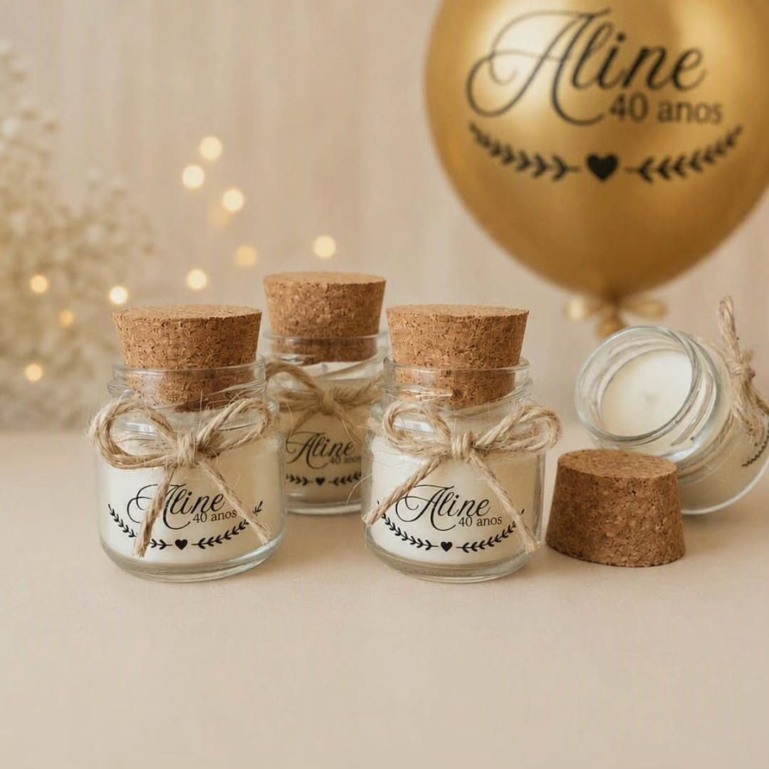 Small white candles in glass jars with cork lids and personalized birthday labels.