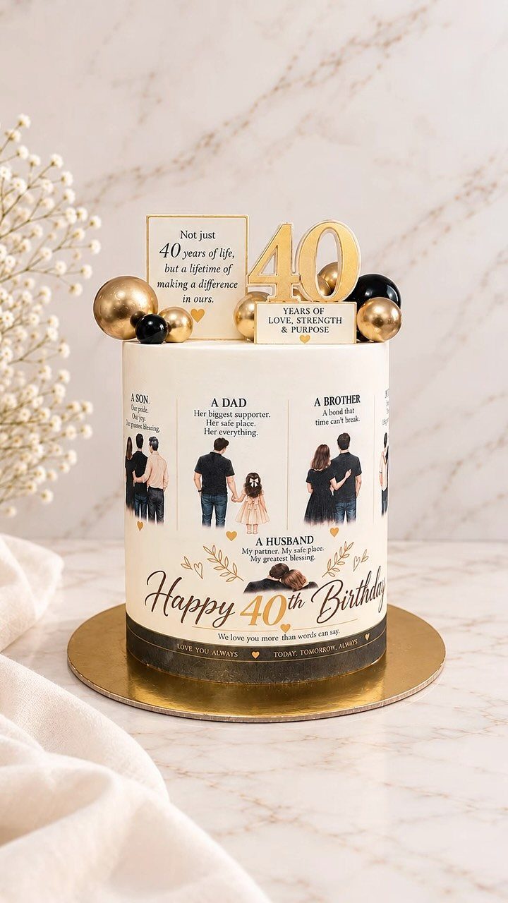 White 40th birthday cake decorated with family photos and gold accents on marble.