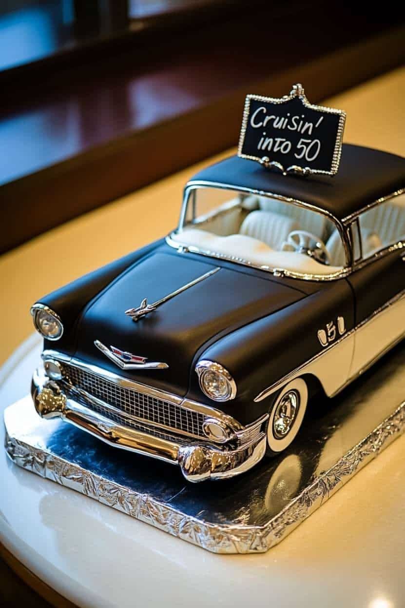 Vintage car cake in black and white with a Cruisin' into 50 sign.