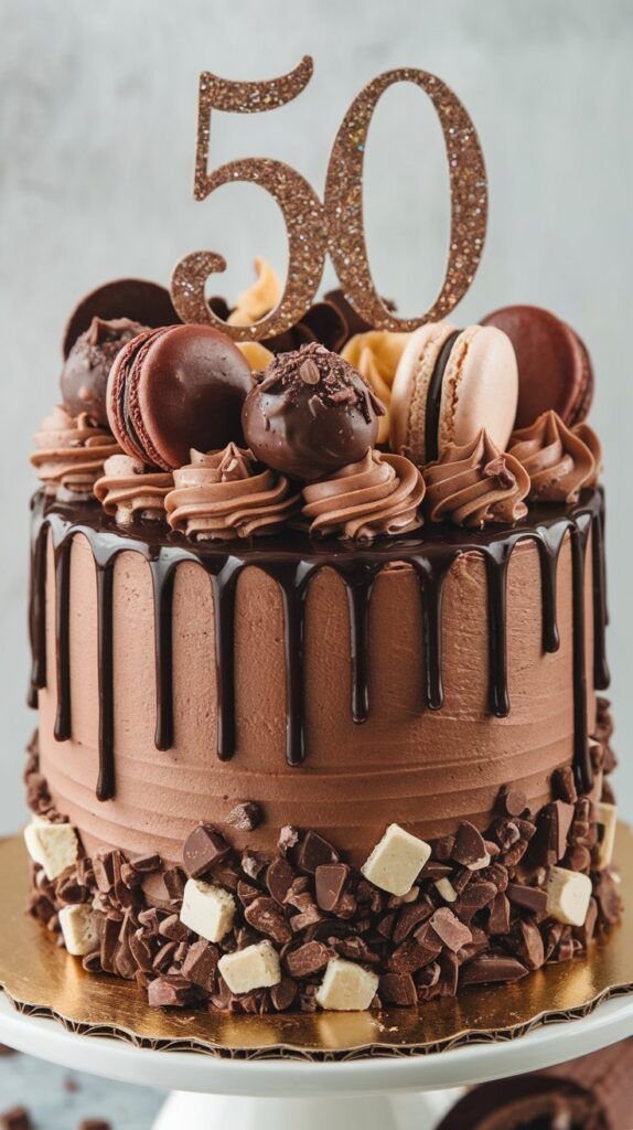 Chocolate cake with brown frosting, chocolate drip, and a gold 50 topper.