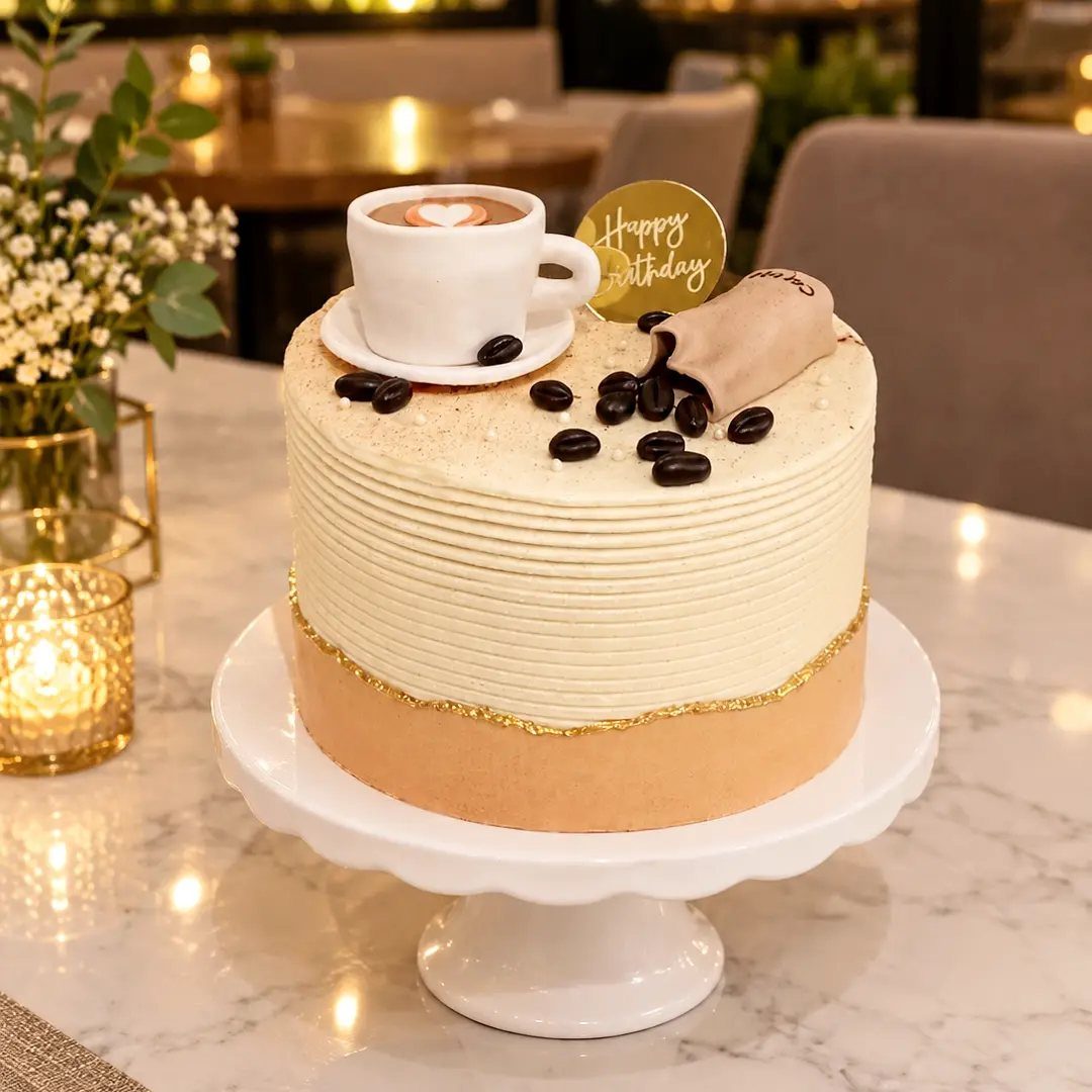 Coffee themed birthday cake with a miniature cup and beans on a stand.