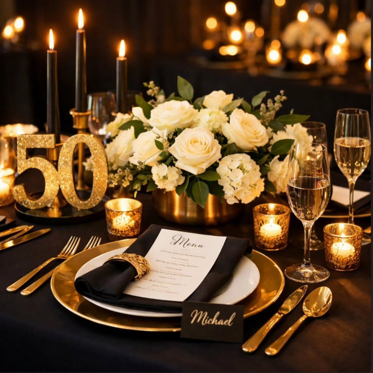 Elegant table setting with white roses, gold plates, and gold glittery 50 numbers.