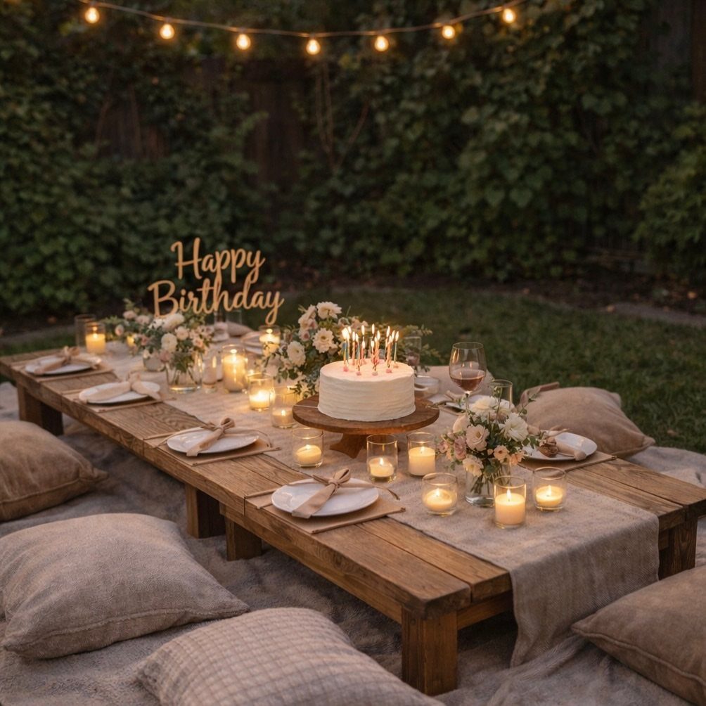 Low wooden picnic table with birthday cake, candles, and flowers under string lights.