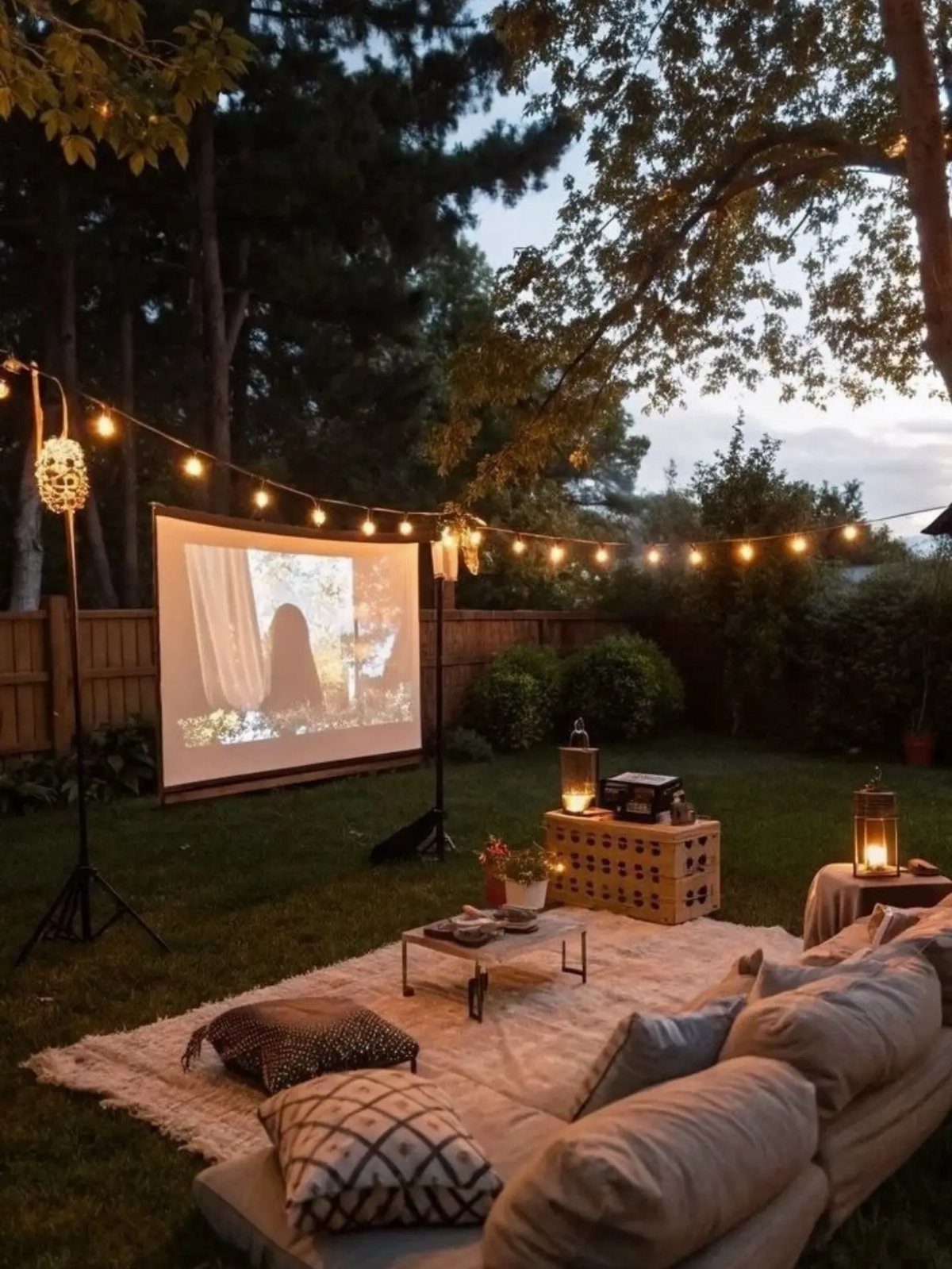 Outdoor movie screen in a backyard with string lights, cushions, and a rug.