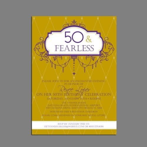Gold 50th birthday invitation with purple accents and '50 & Fearless' text.