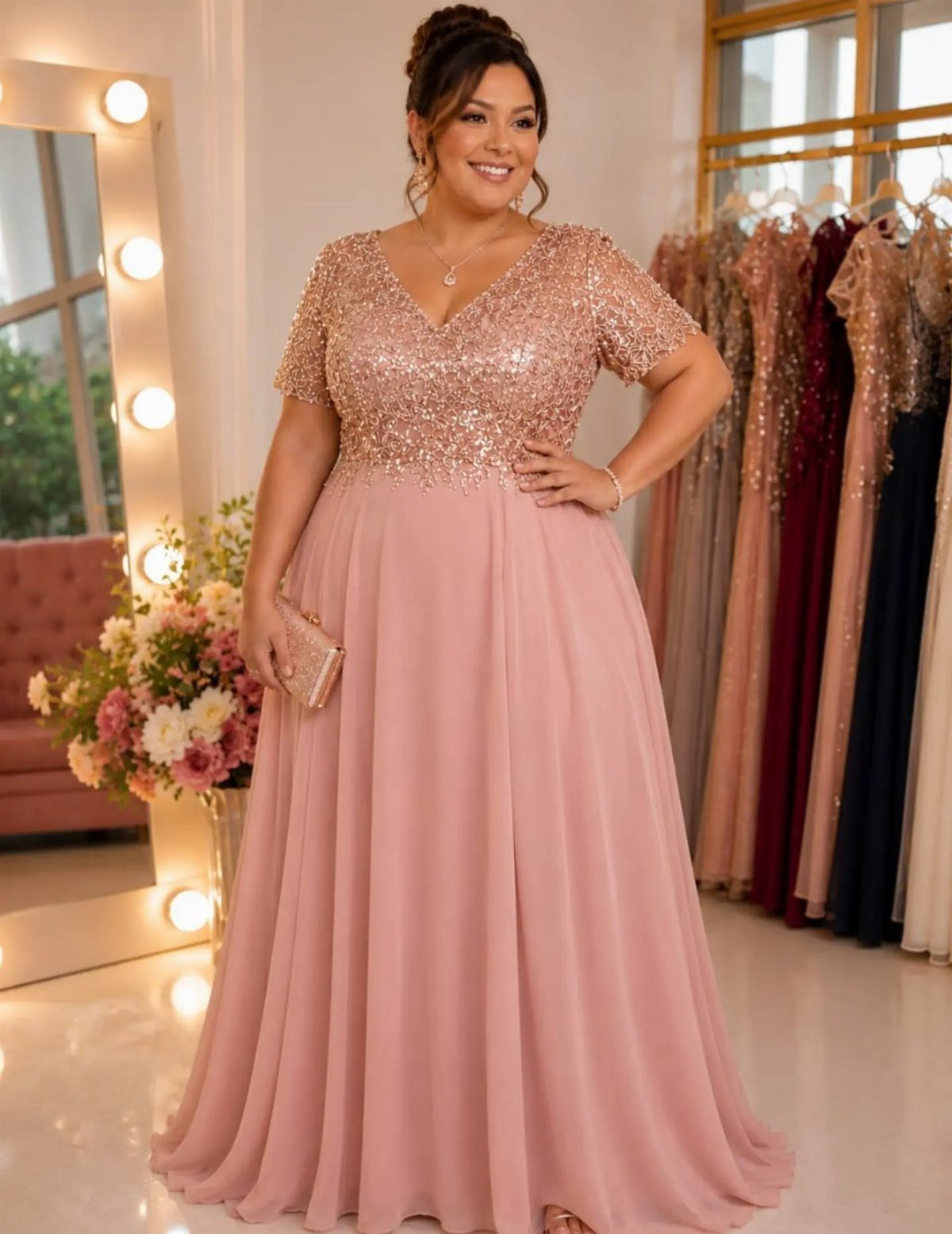 Woman in a gold sequined and dusty pink floor-length gown in a boutique.