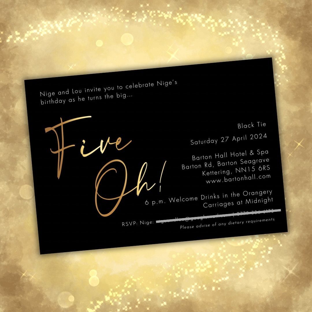 Black and gold invitation card with formal wording for a 50th birthday party.