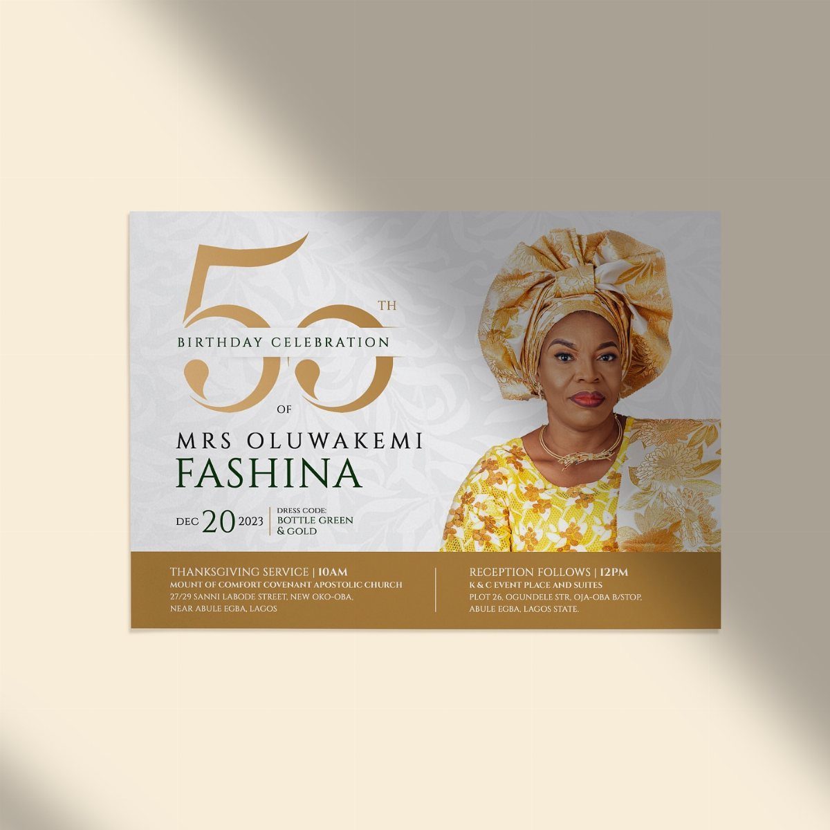 Birthday invitation card for a 50th celebration featuring a woman in gold attire.