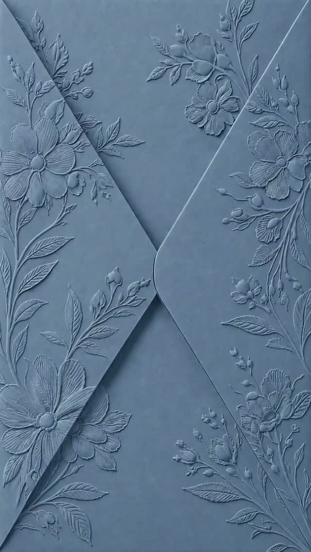 Dusty blue embossed envelope with elegant floral patterns and a V-shaped flap.