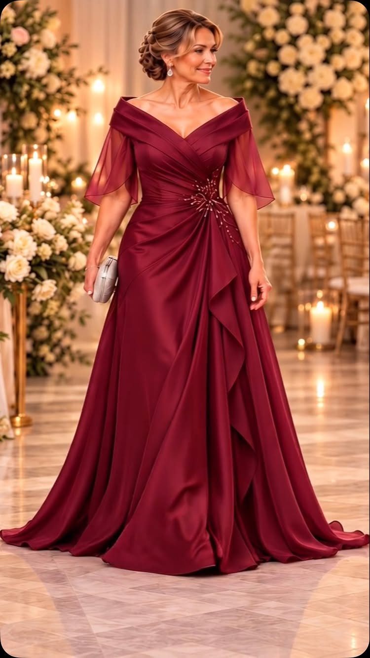 Mature woman wearing a formal burgundy satin gown in a decorated ballroom setting