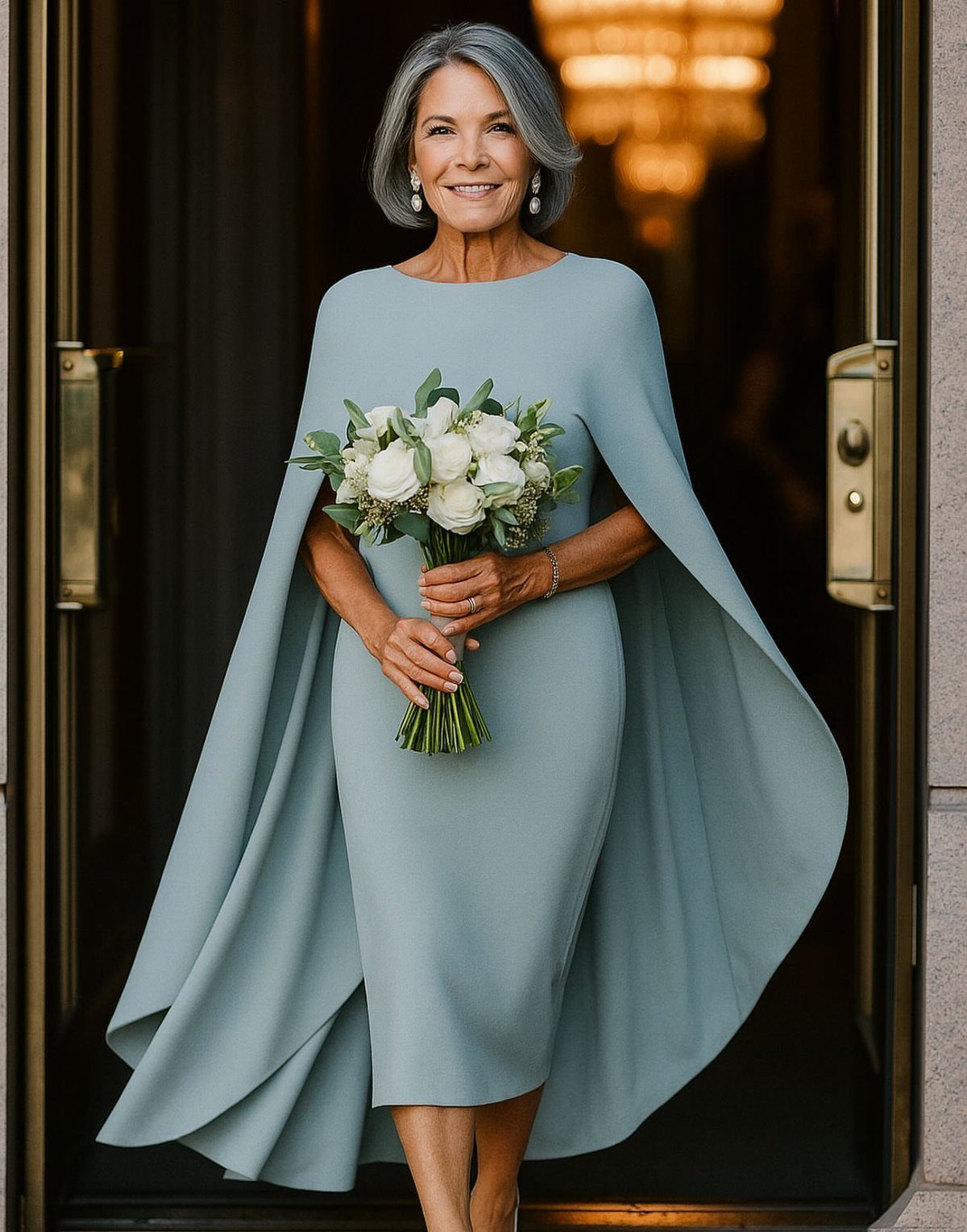 Mature woman in a light blue sheath dress with cape holding white roses.
