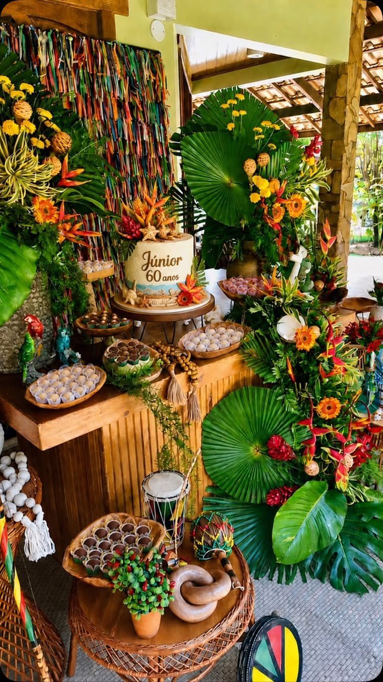 Tropical birthday party setup with a 60th birthday cake, palm leaves, and exotic flowers.