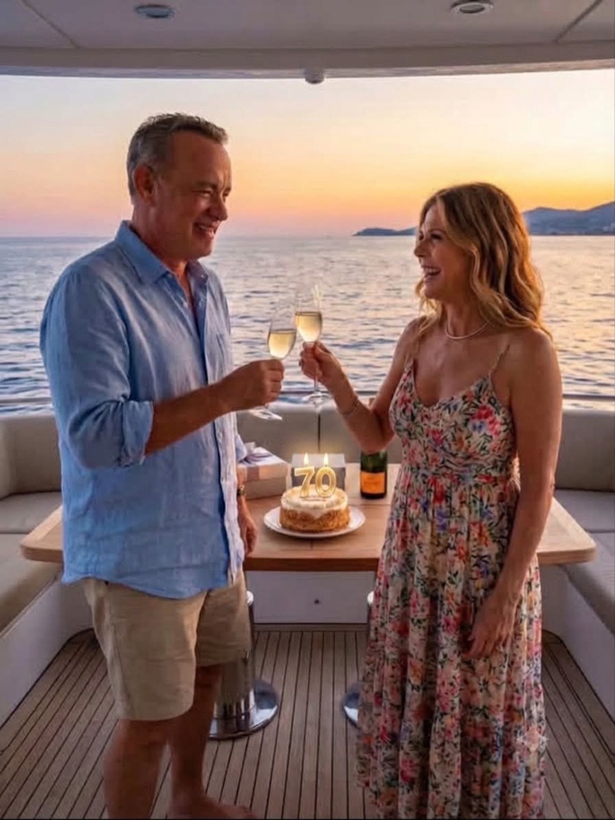 Couple toasting with champagne on a boat deck with a 70th birthday cake.