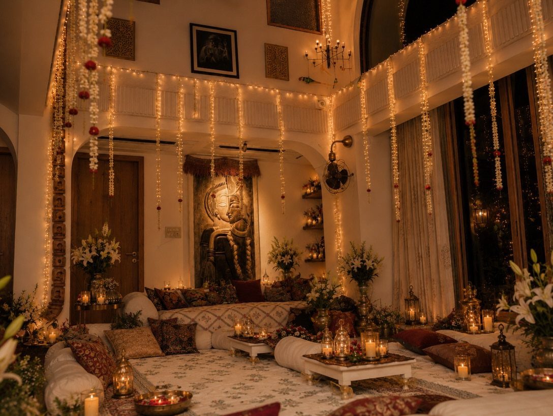Cozy indoor lounge with white cushions, candles, and hanging floral garlands and lights.