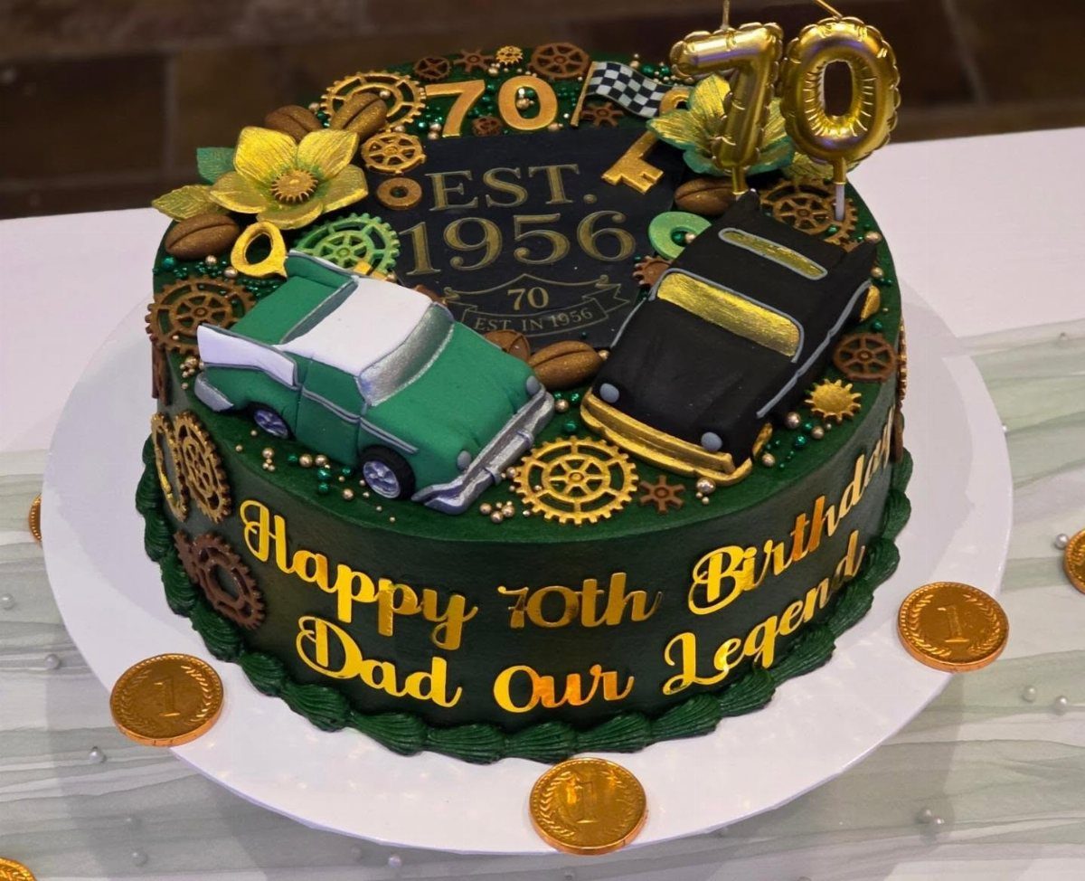 Green 70th birthday cake for a dad with cars and gold gears