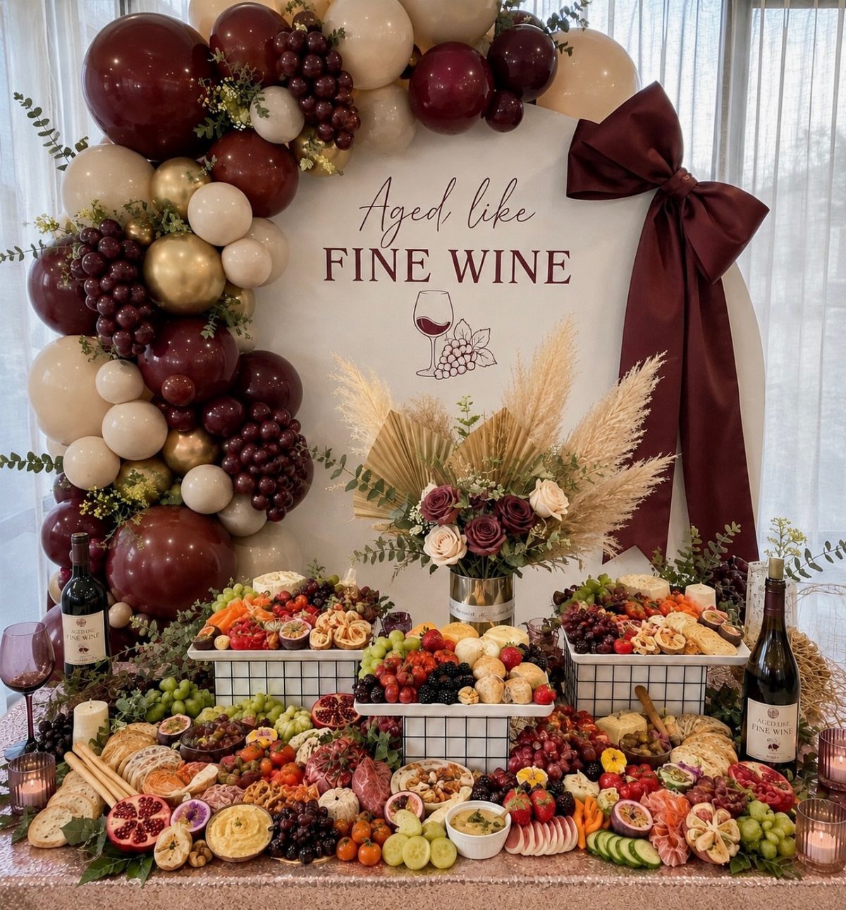 Wine themed birthday setup with burgundy balloons and a large charcuterie grazing table.