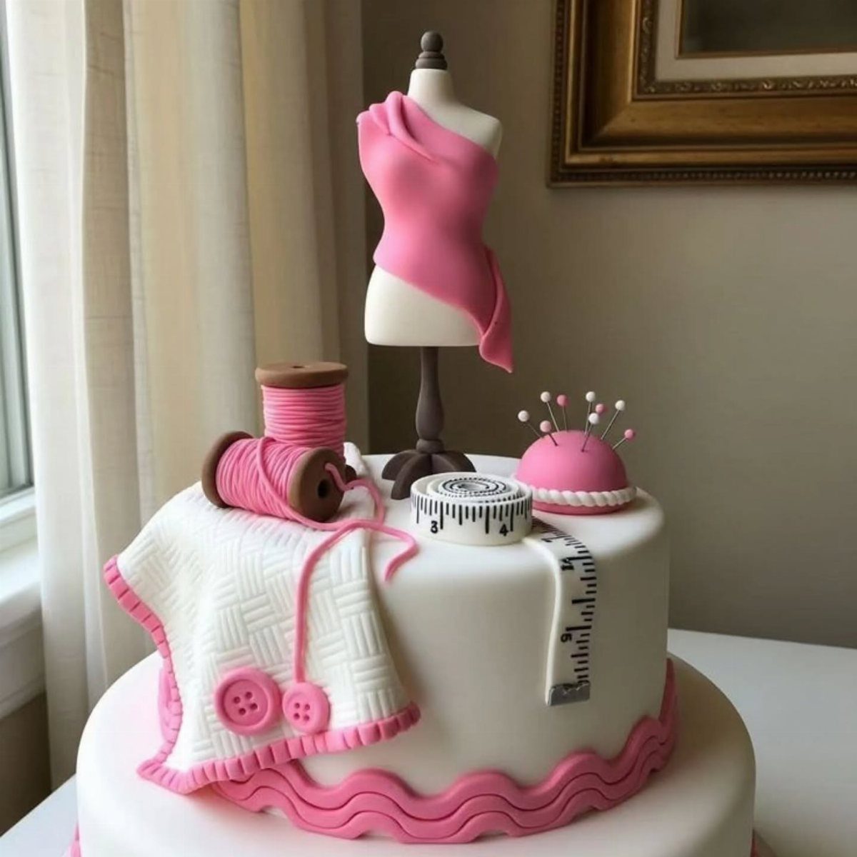 Sewing themed cake with a miniature dress form, pink thread, and measuring tape.