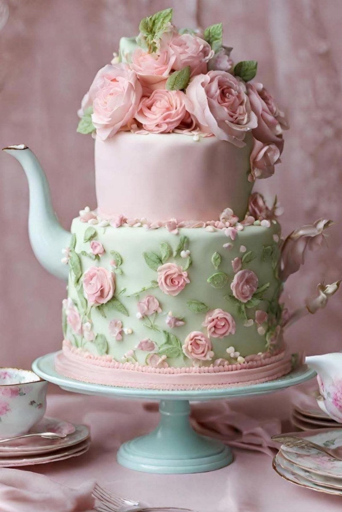 Teapot-shaped cake with sage green and pink tiers decorated with pink roses.