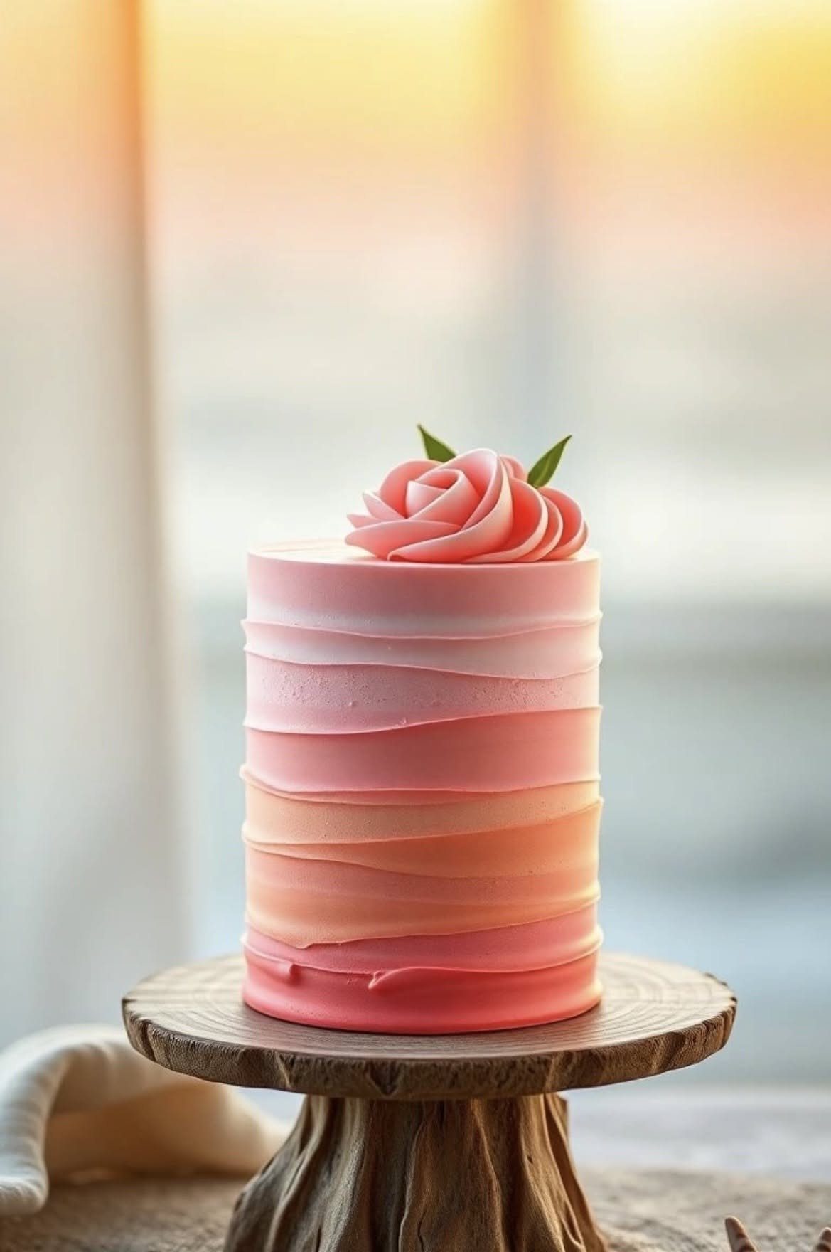 Ombre frosting cake with pink and orange gradients topped with a frosting rose.