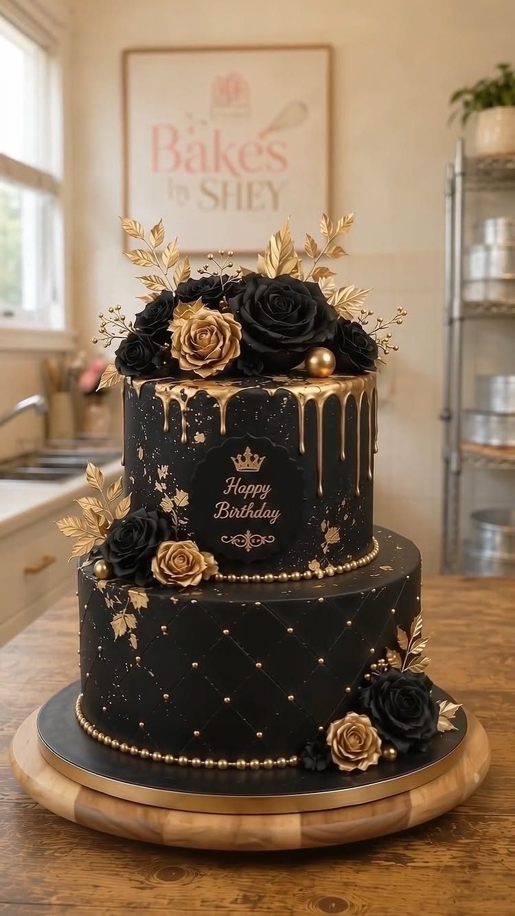 Two-tier black birthday cake with gold metallic drip, gold roses, and quilted detailing.