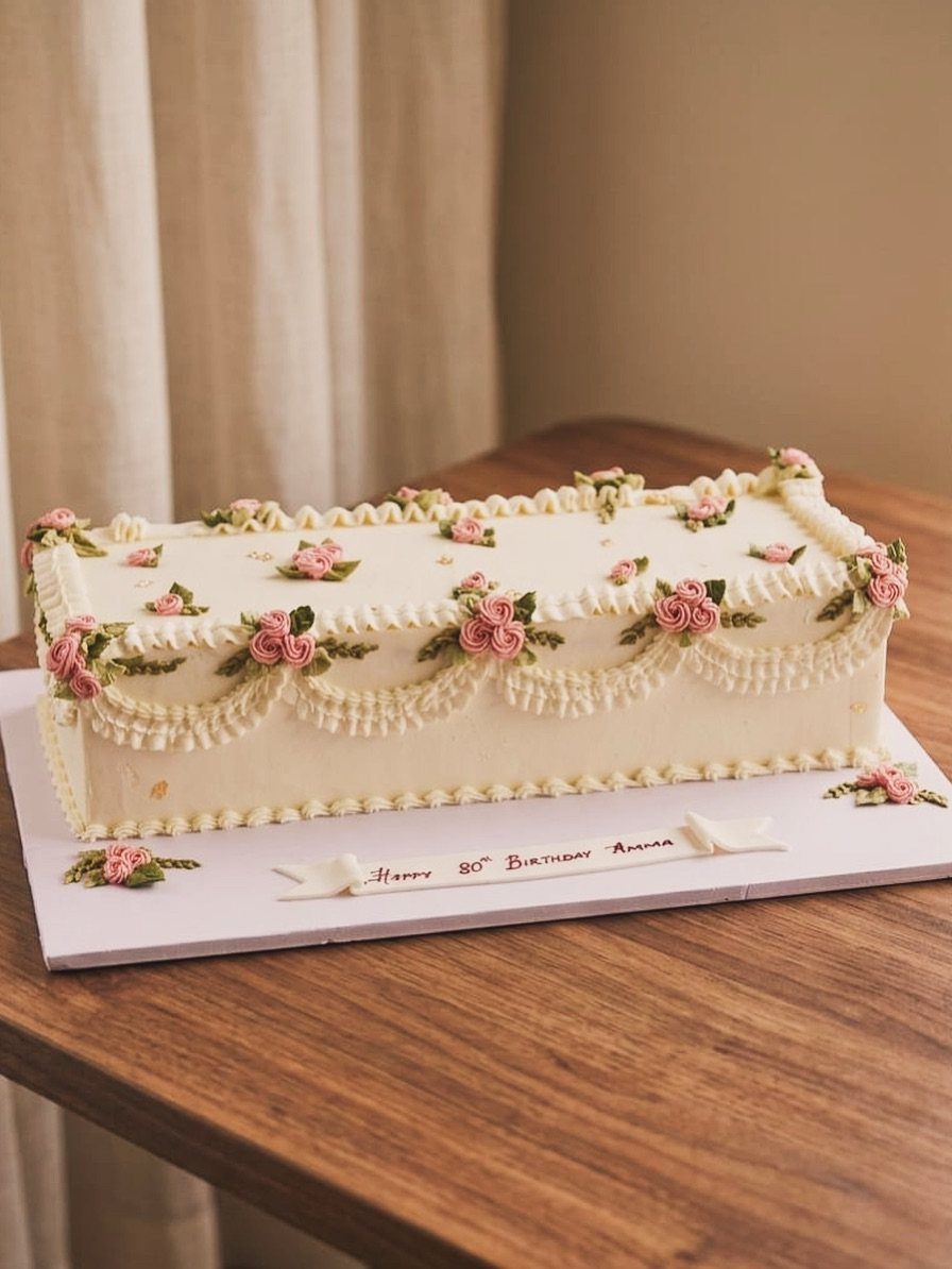 Rectangular white birthday cake with pink roses and 80th birthday ribbon banner.