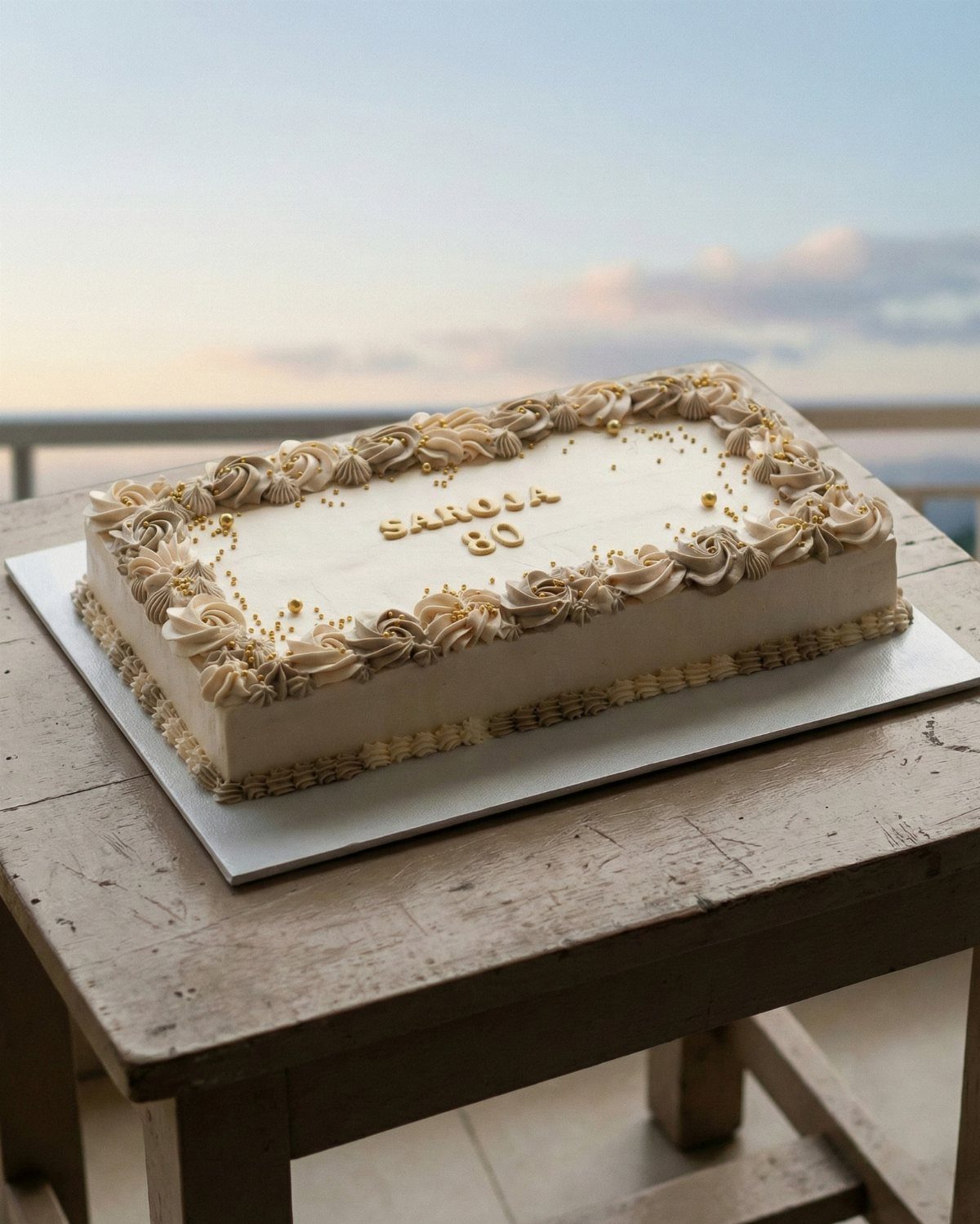 White sheet cake with gold pearls and gold lettering for an 80th birthday.