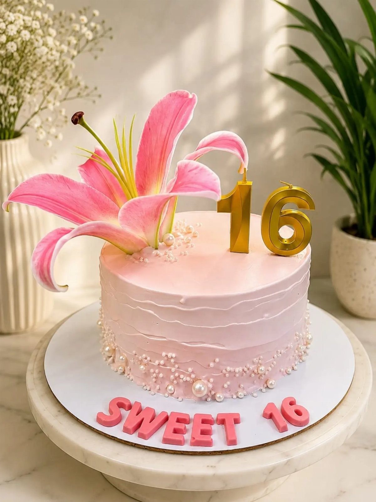 Pink frosted birthday cake with a pink lily and gold 16 candles