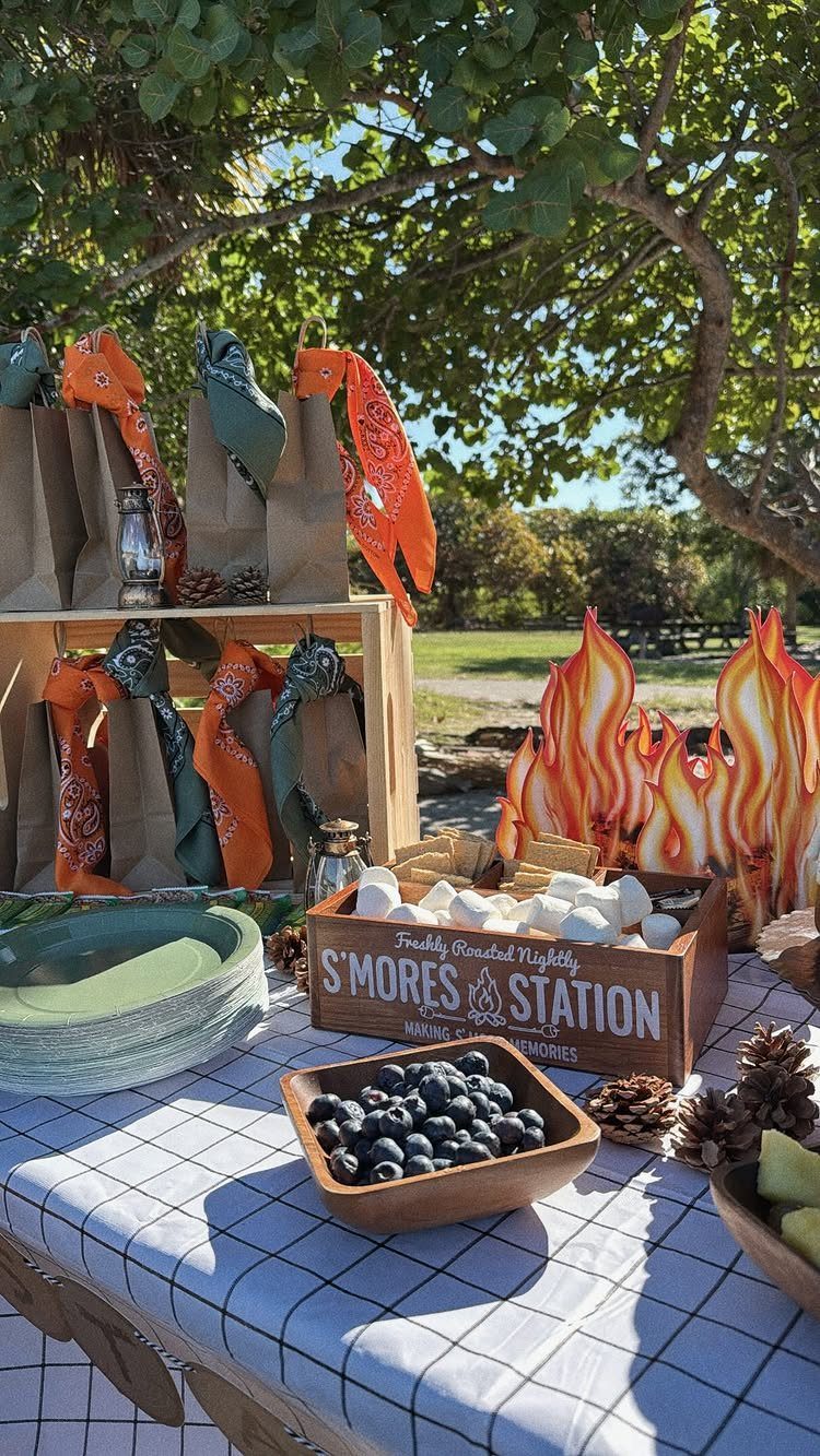 S'mores station and snacks on a checkered table for an outdoor camping party.