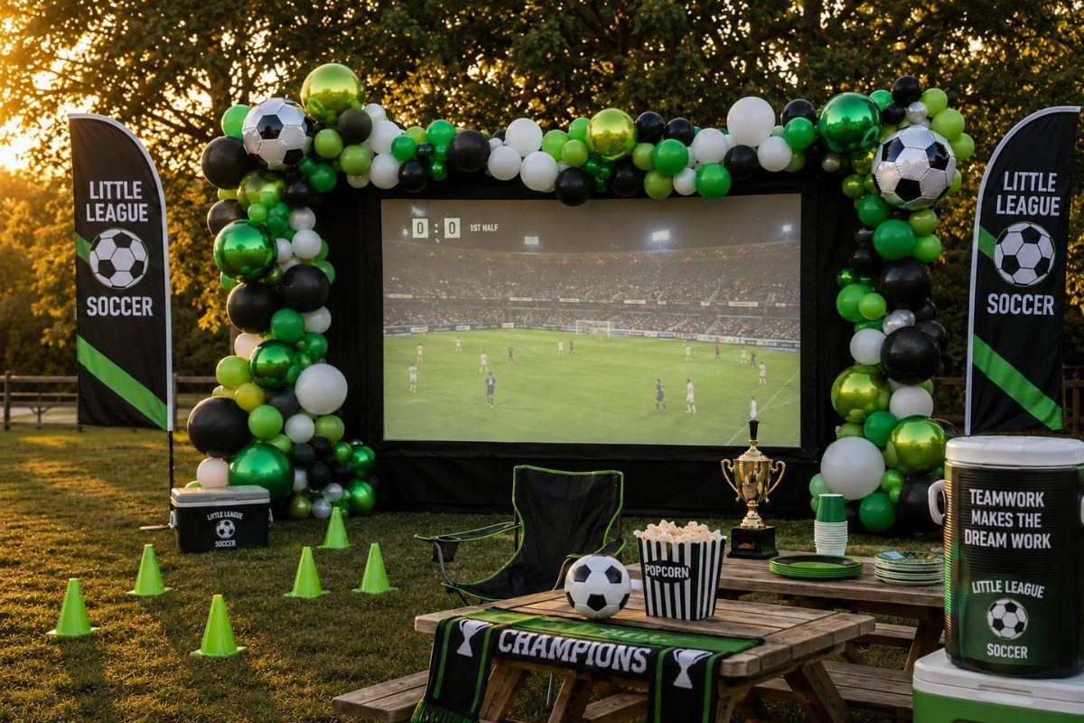 Soccer themed outdoor party setup with a movie screen, balloons, and sports accessories.